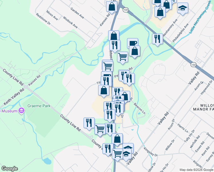 map of restaurants, bars, coffee shops, grocery stores, and more near 270 Easton Road in Warrington