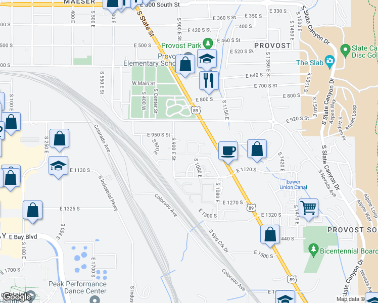 map of restaurants, bars, coffee shops, grocery stores, and more near 1049 East 1060 South in Provo