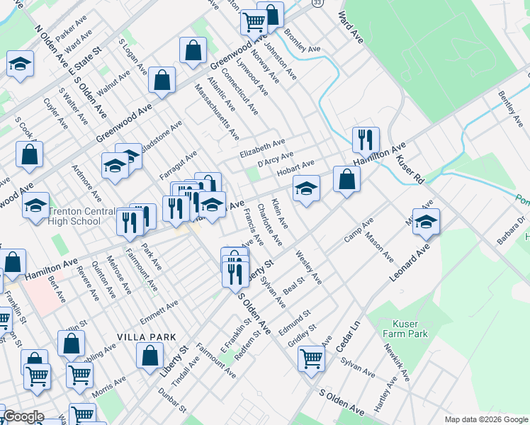 map of restaurants, bars, coffee shops, grocery stores, and more near 34 Francis Avenue in Hamilton Township