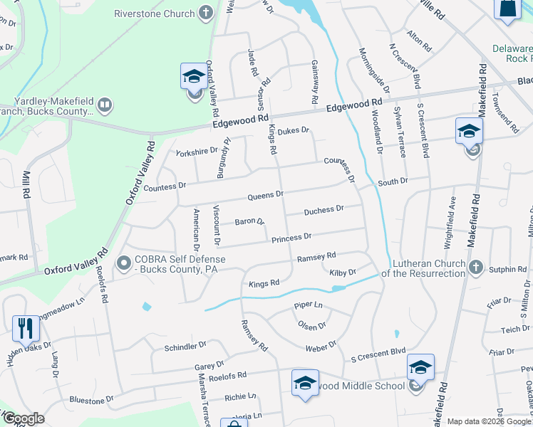 map of restaurants, bars, coffee shops, grocery stores, and more near 938 Baron Drive in Yardley