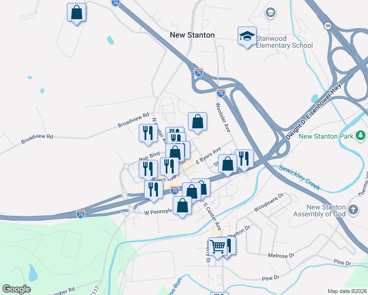 map of restaurants, bars, coffee shops, grocery stores, and more near 111 Westmore Avenue in New Stanton