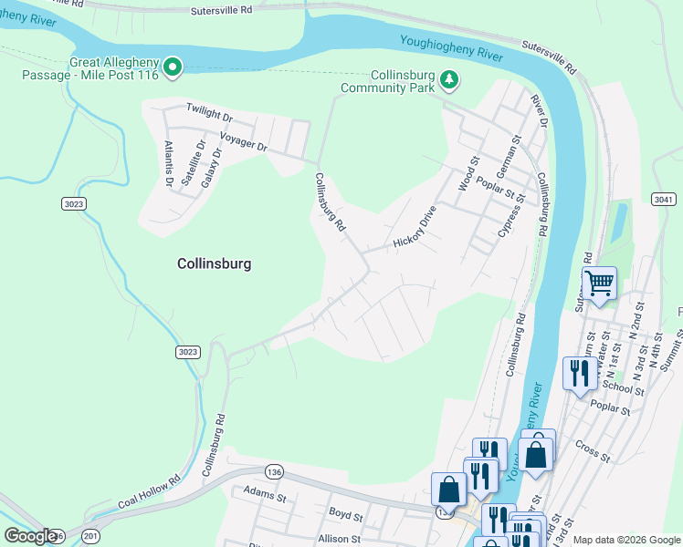 map of restaurants, bars, coffee shops, grocery stores, and more near 1006 Collinsburg Road in West Newton