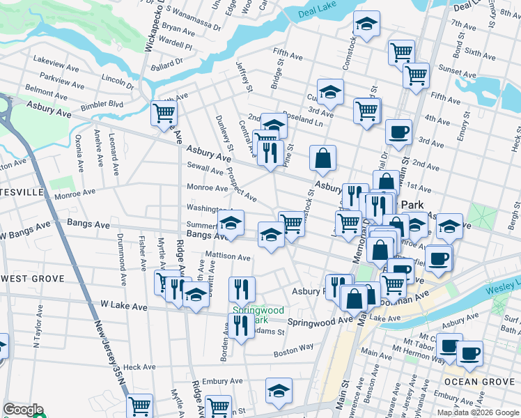 map of restaurants, bars, coffee shops, grocery stores, and more near 1305 Summerfield Avenue in Asbury Park
