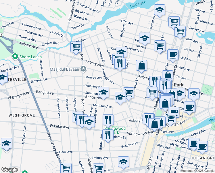 map of restaurants, bars, coffee shops, grocery stores, and more near 1305 Summerfield Avenue in Asbury Park