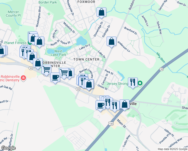 map of restaurants, bars, coffee shops, grocery stores, and more near 122 Burnet Crescent in Robbinsville Township