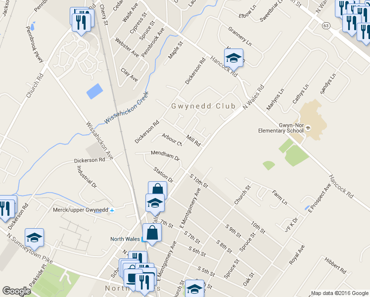 map of restaurants, bars, coffee shops, grocery stores, and more near 116 Arbour Court in North Wales