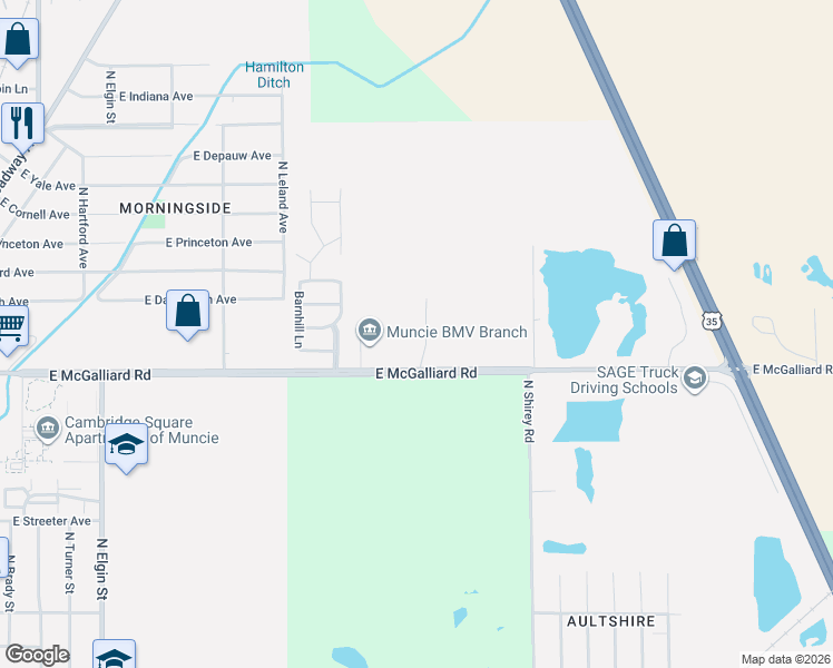 map of restaurants, bars, coffee shops, grocery stores, and more near 3300-3304 North Dalinda Road in Muncie