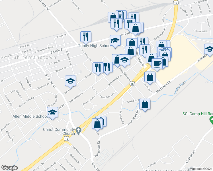 map of restaurants, bars, coffee shops, grocery stores, and more near 3904 Rosemont Avenue in Camp Hill