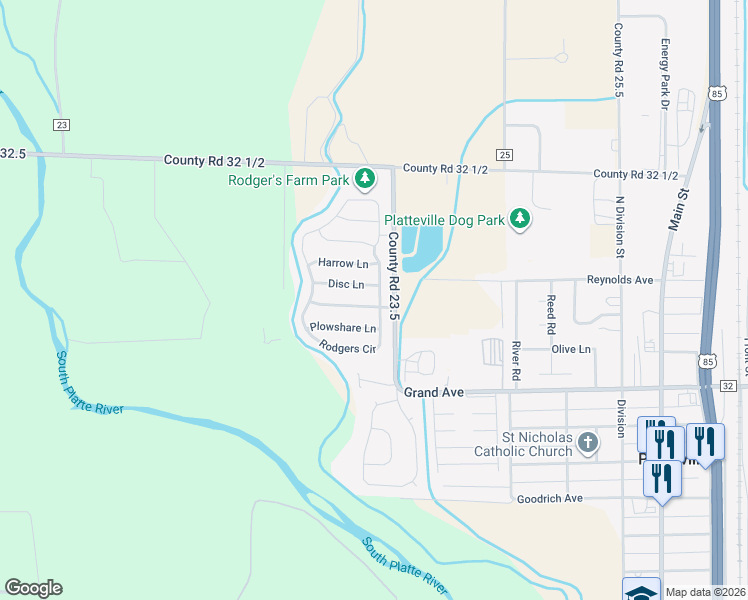 map of restaurants, bars, coffee shops, grocery stores, and more near 703 Rodgers Circle in Platteville