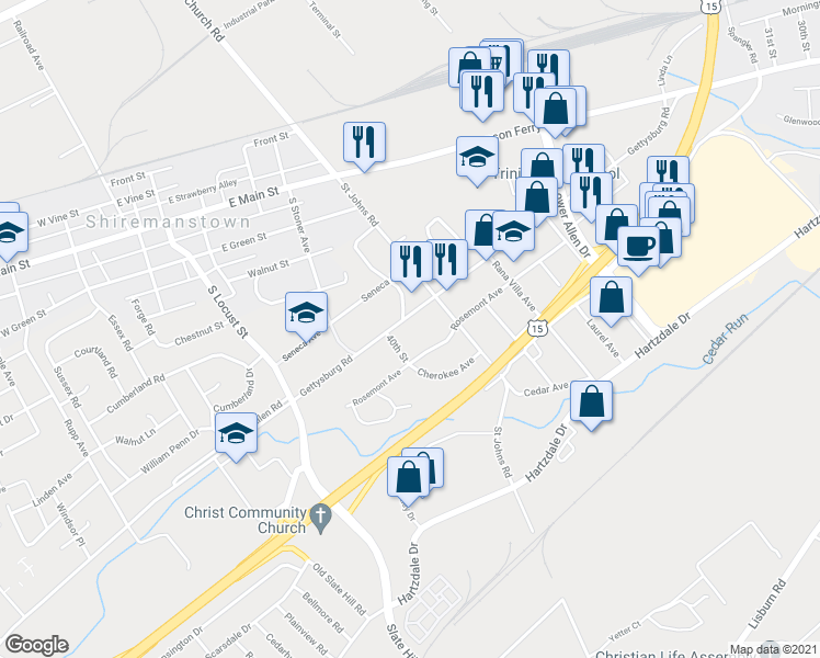 map of restaurants, bars, coffee shops, grocery stores, and more near 3911 Gettysburg Road in Camp Hill