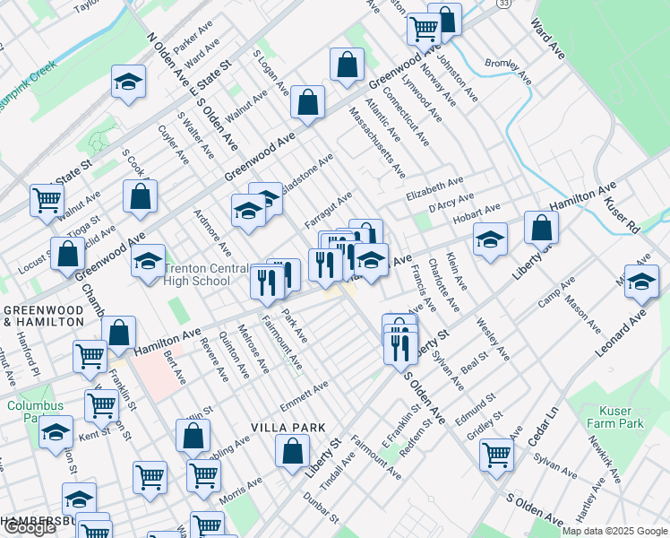 map of restaurants, bars, coffee shops, grocery stores, and more near 1155 Hamilton Avenue in Trenton