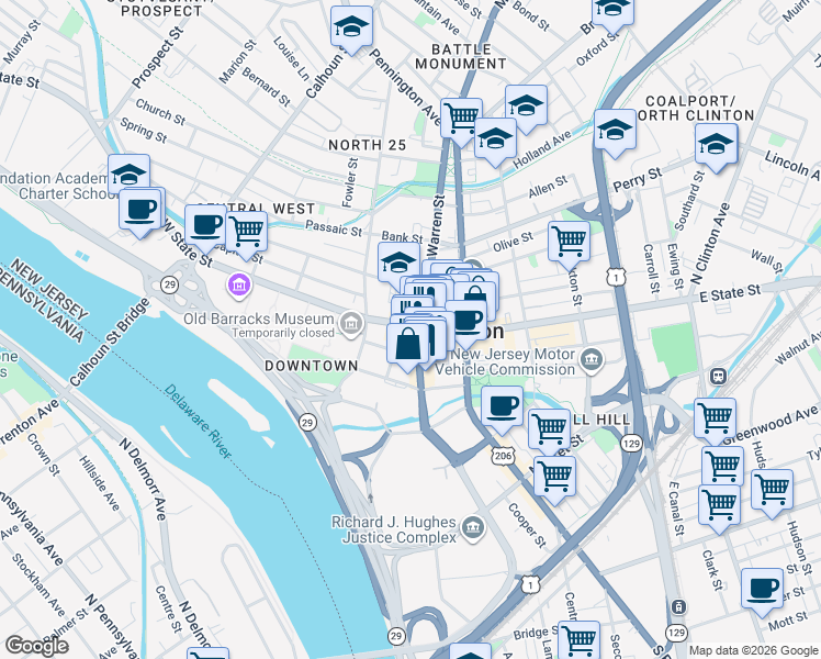 map of restaurants, bars, coffee shops, grocery stores, and more near 28 Lincoln Highway in Trenton