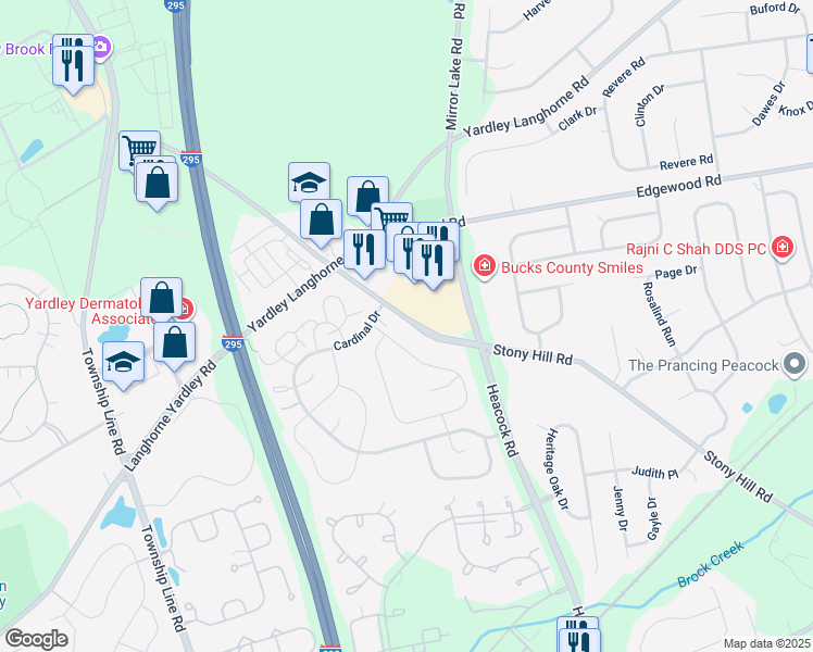 map of restaurants, bars, coffee shops, grocery stores, and more near 693A Rose Hollow Drive in Yardley