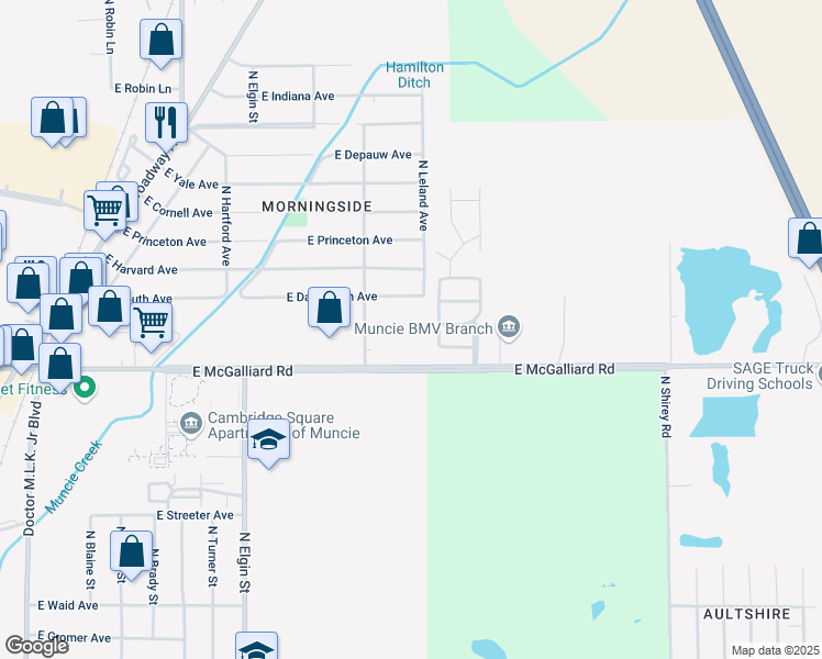map of restaurants, bars, coffee shops, grocery stores, and more near 2410 East McGalliard Road in Muncie