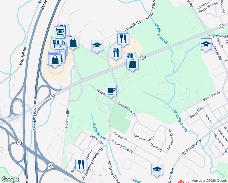 map of restaurants, bars, coffee shops, grocery stores, and more near 300 Waverly Avenue in Neptune City