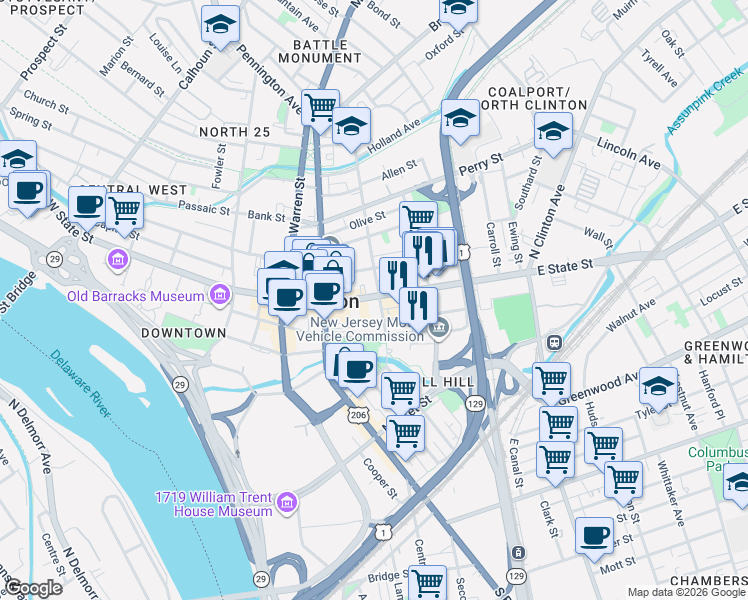 map of restaurants, bars, coffee shops, grocery stores, and more near 143 East State Street in Trenton