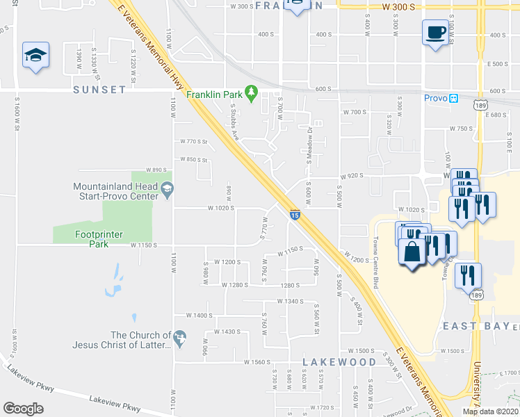 map of restaurants, bars, coffee shops, grocery stores, and more near 801 West 1020 South in Provo