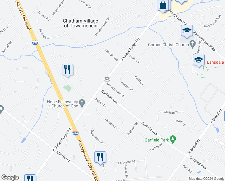 map of restaurants, bars, coffee shops, grocery stores, and more near 956 General Nash Drive in Lansdale