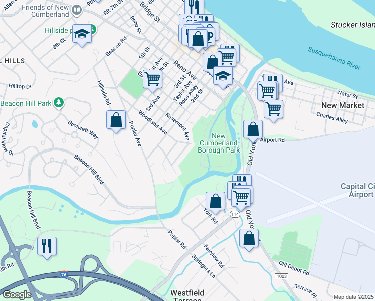 map of restaurants, bars, coffee shops, grocery stores, and more near 804 Rosemont Avenue in New Cumberland