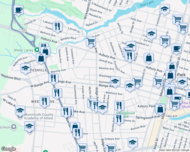 map of restaurants, bars, coffee shops, grocery stores, and more near 306 Ridge Avenue in Asbury Park