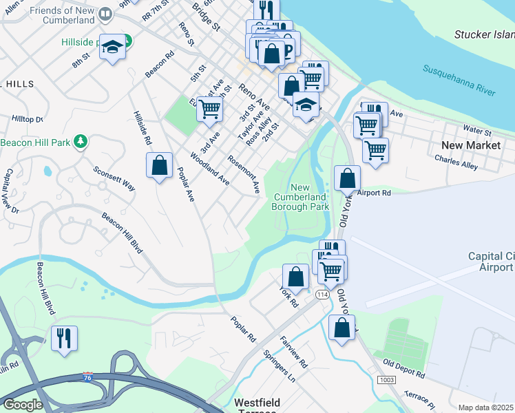 map of restaurants, bars, coffee shops, grocery stores, and more near 804 Rosemont Avenue in New Cumberland