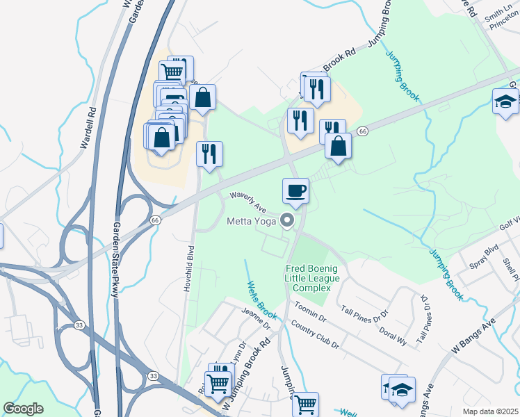 map of restaurants, bars, coffee shops, grocery stores, and more near Waverly Avenue in Neptune City