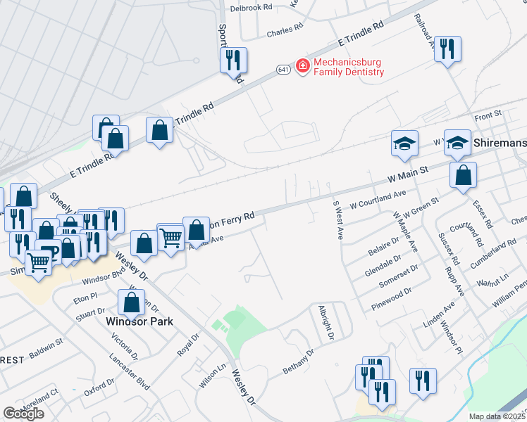 map of restaurants, bars, coffee shops, grocery stores, and more near 5140 Simpson Ferry Road in Mechanicsburg