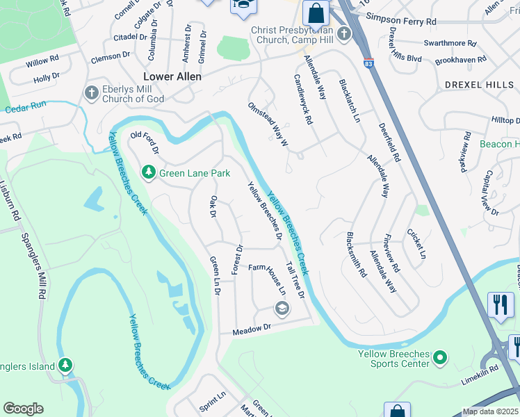 map of restaurants, bars, coffee shops, grocery stores, and more near 124 Yellow Breeches Drive in Camp Hill