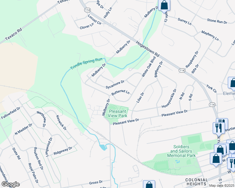 map of restaurants, bars, coffee shops, grocery stores, and more near 13 Butternut Lane in Mechanicsburg