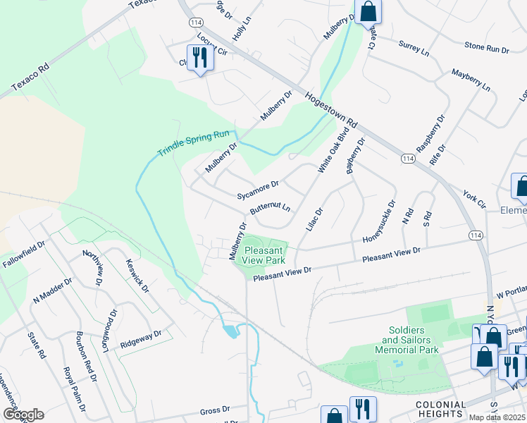 map of restaurants, bars, coffee shops, grocery stores, and more near 13 Butternut Lane in Mechanicsburg