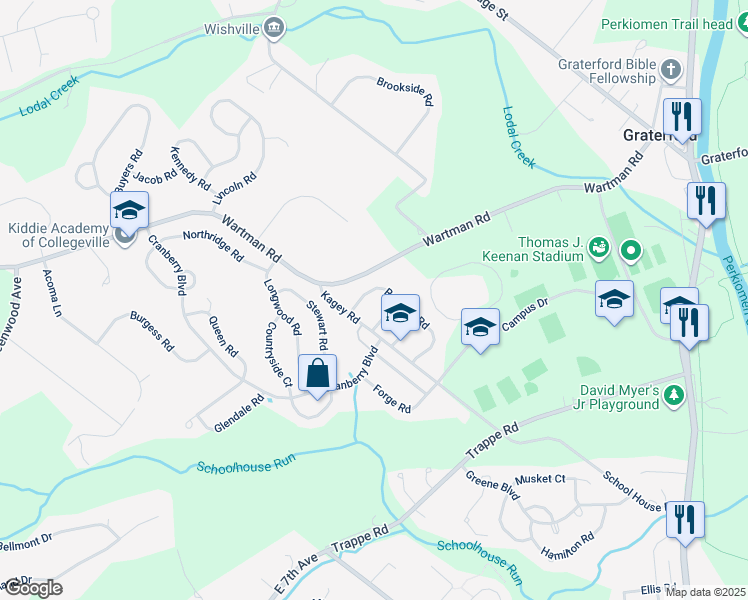 map of restaurants, bars, coffee shops, grocery stores, and more near 155 Regents Road in Collegeville