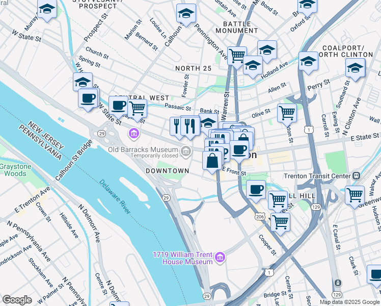 map of restaurants, bars, coffee shops, grocery stores, and more near 101 West State Street in Trenton