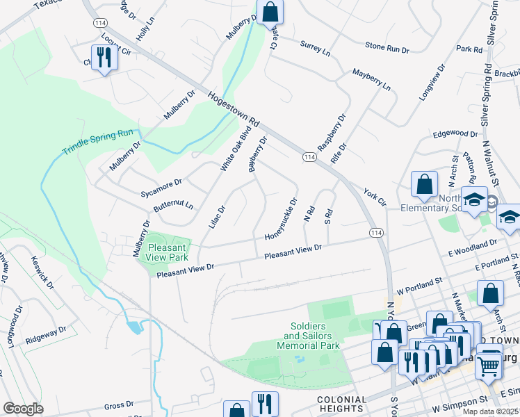 map of restaurants, bars, coffee shops, grocery stores, and more near 42 Bayberry Drive in Mechanicsburg