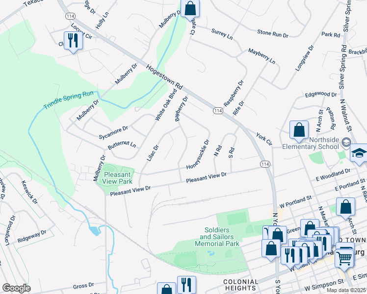 map of restaurants, bars, coffee shops, grocery stores, and more near 42 Bayberry Drive in Mechanicsburg