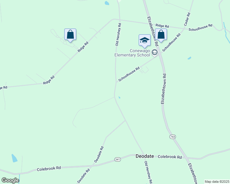 map of restaurants, bars, coffee shops, grocery stores, and more near 2951 Old Hershey Road in Elizabethtown