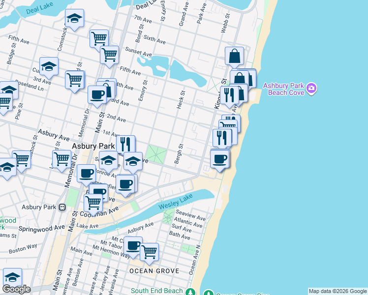 map of restaurants, bars, coffee shops, grocery stores, and more near 219 2nd Avenue in Asbury Park