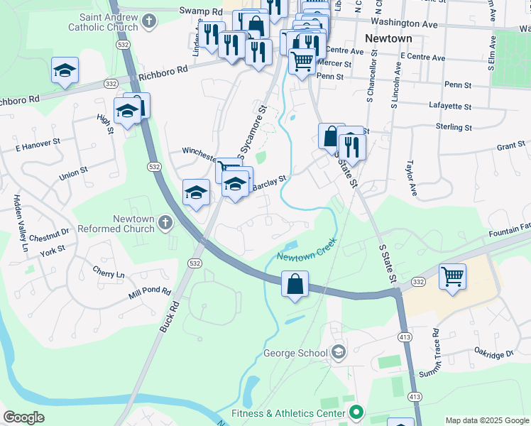 map of restaurants, bars, coffee shops, grocery stores, and more near 11 Harvest Mews in Newtown