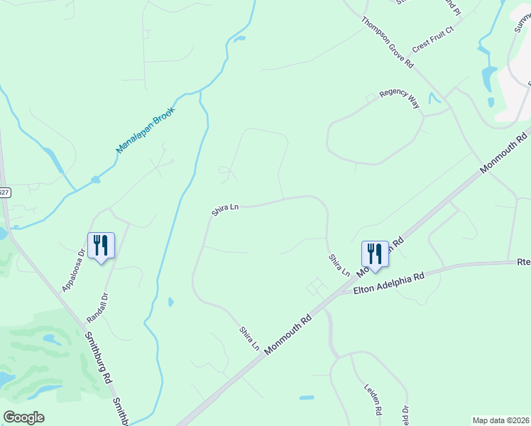 map of restaurants, bars, coffee shops, grocery stores, and more near 34 Shira Lane in Manalapan Township