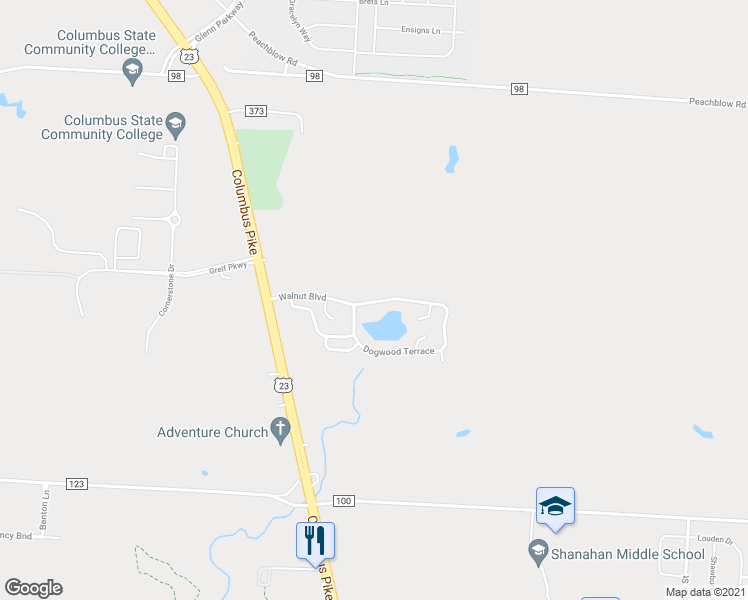 map of restaurants, bars, coffee shops, grocery stores, and more near 395 Walnut Boulevard in Lewis Center
