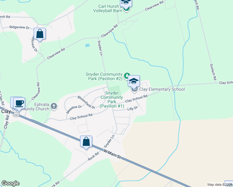 map of restaurants, bars, coffee shops, grocery stores, and more near 250 Clay School Road in Ephrata