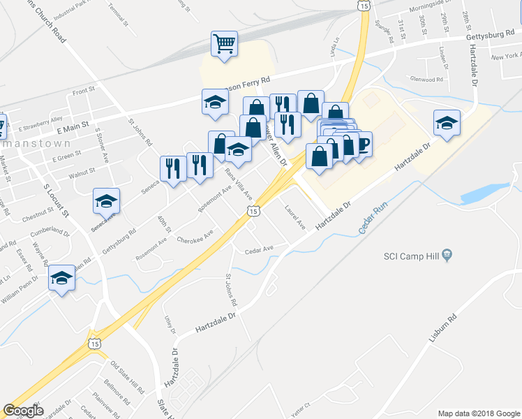 map of restaurants, bars, coffee shops, grocery stores, and more near 1121 Rana Villa Avenue in Camp Hill