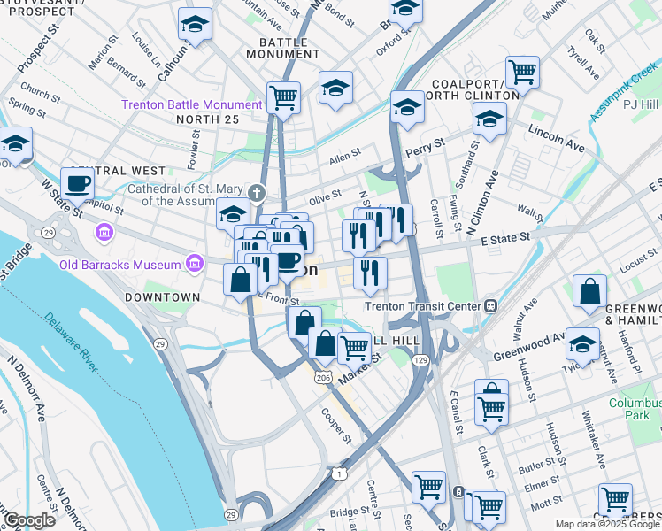 map of restaurants, bars, coffee shops, grocery stores, and more near 153 East State Street in Trenton