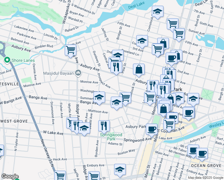 map of restaurants, bars, coffee shops, grocery stores, and more near 530 Prospect Avenue in Asbury Park
