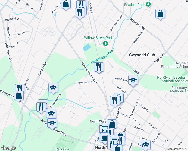 map of restaurants, bars, coffee shops, grocery stores, and more near 245 Wissahickon Avenue in North Wales