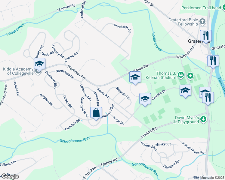 map of restaurants, bars, coffee shops, grocery stores, and more near 155 Regents Road in Collegeville