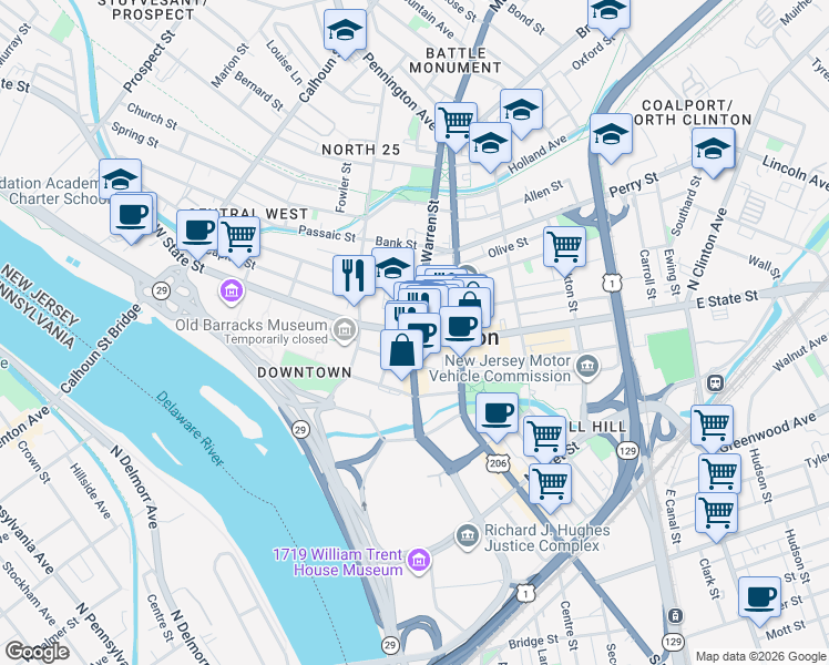 map of restaurants, bars, coffee shops, grocery stores, and more near 4 West State Street in Trenton