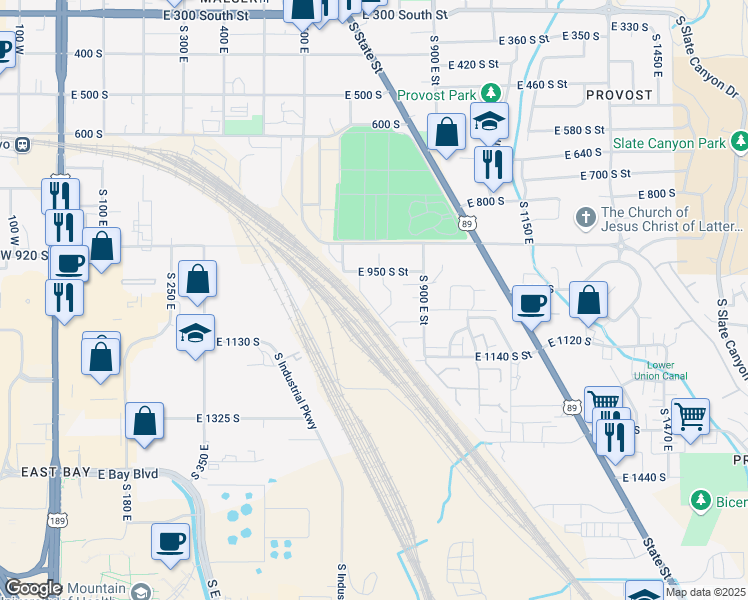 map of restaurants, bars, coffee shops, grocery stores, and more near 808 East 950 South Street in Provo