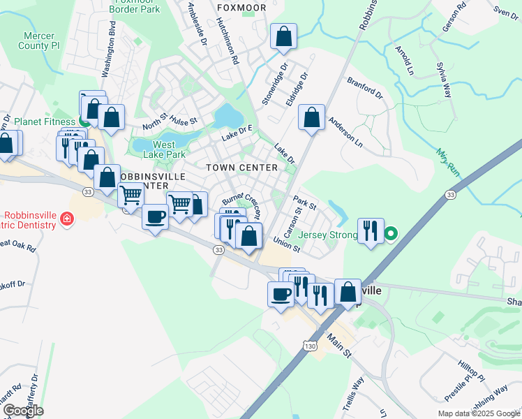 map of restaurants, bars, coffee shops, grocery stores, and more near 115 Yard Street in Robbinsville Township