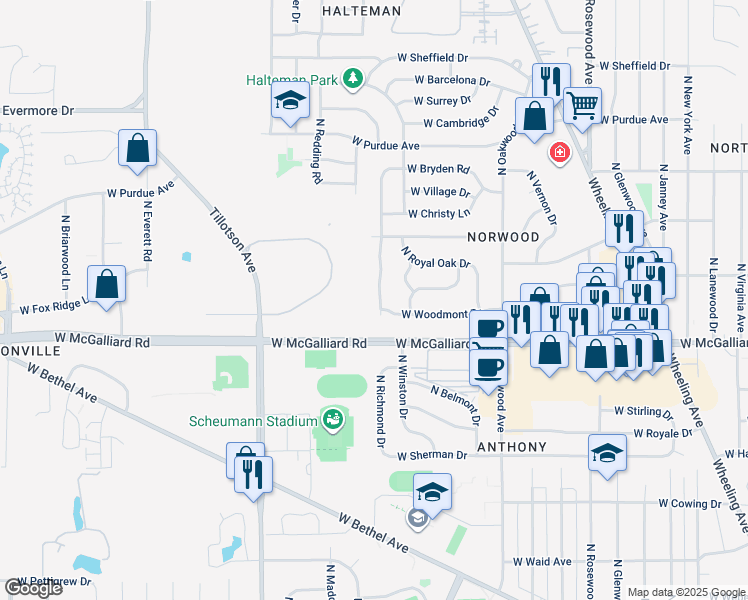 map of restaurants, bars, coffee shops, grocery stores, and more near 3500 N Vienna Woods Dr in Muncie