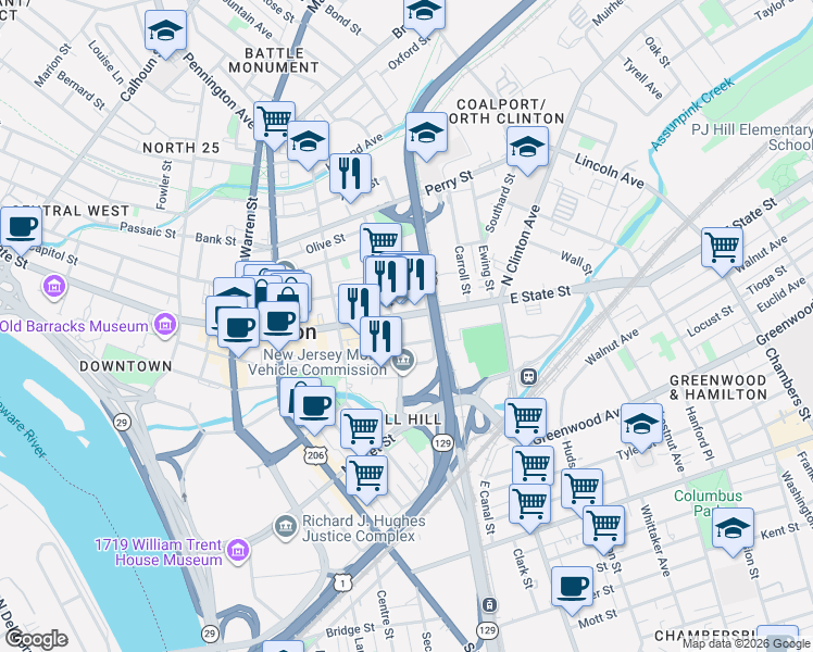 map of restaurants, bars, coffee shops, grocery stores, and more near 309 East State Street in Trenton